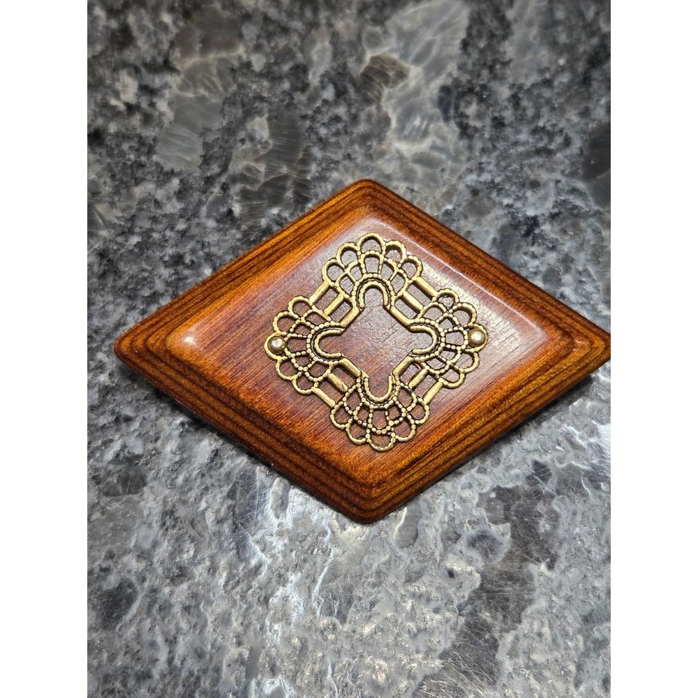 Vintage Wood Diamond Brooch Gold Tone Filigree Medallion Mid Century Style